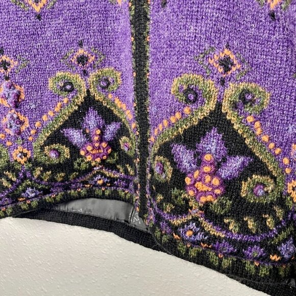 Icelandic Design 100% Wool Purple Floral Nordic Style Zip Jacket Size: Medium - Picture 3 of 11